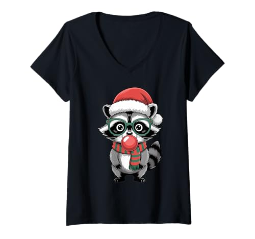 Damen Weihnachtlicher Waschbär in grüner Brille Bubble Herren Damen Kinder T-Shirt mit V-Ausschnitt von Christmas Raccoon Apparel