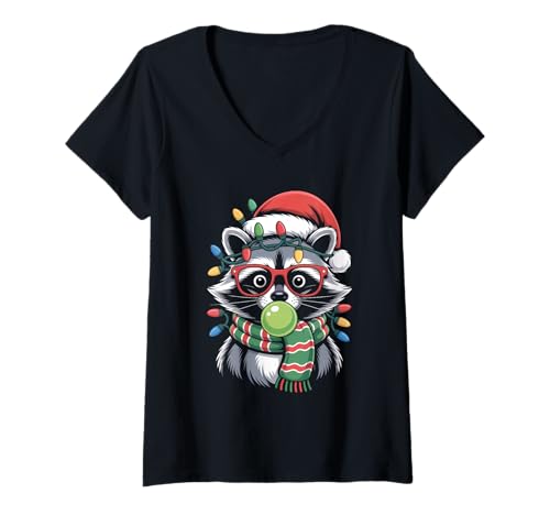 Damen Weihnachtlicher Waschbär in roter Brille Bubble Herren Damen Kinder T-Shirt mit V-Ausschnitt von Christmas Raccoon Apparel
