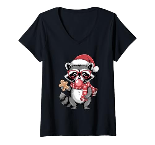 Damen Weihnachtlicher Waschbär in roter Brille Bubble Herren Damen Kinder Xmas T-Shirt mit V-Ausschnitt von Christmas Raccoon Apparel