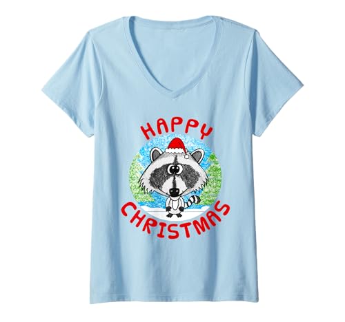 Damen Waschbär Weihnachten Schnee Lustig T-Shirt mit V-Ausschnitt von Christmas Raccoon Funny By DoodleRob