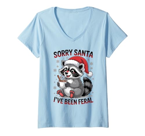Damen Sorry Santa Ive Been Feral Christmas Waschbär Lustiger Humor T-Shirt mit V-Ausschnitt Damen Sorry Santa Ive Been Feral Christmas Waschbär Lustiger Humor T-Shirt mit V-Ausschnitt von Christmas Raccoon Men Women Apparel Clothes Ideas