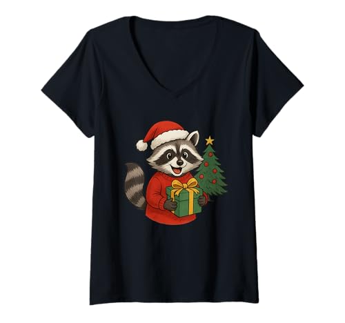 Damen Weihnachtswaschbär Lustiger Weihnachtsbaum Waschbär Weihnachtsfeiertage T-Shirt mit V-Ausschnitt Damen Weihnachtswaschbär Lustiger Weihnachtsbaum Waschbär Weihnachtsfeiertage T-Shirt mit V-Ausschnitt von Christmas Raccoon Merch