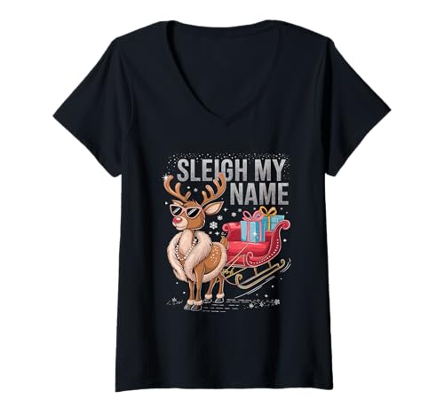 Damen Rentier Weihnachtsspaß T-Shirt mit V-Ausschnitt von Christmas Reindeer Festive Holiday Cheer Santa