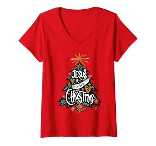 Damen Jesus Christlicher Weihnachtsbaum Männer Frauen Kinder Xmas Religiös T-Shirt mit V-Ausschnitt von Christmas Religious Men Women Apparel Clothes Idea