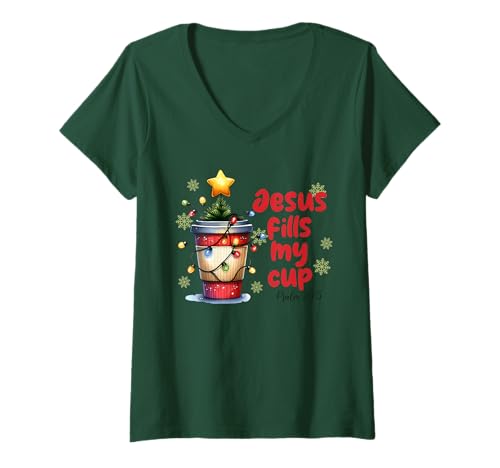 Damen Jesus Fills My Cup Christliche Christliche Herren Damen Kinder Weihnachten T-Shirt mit V-Ausschnitt von Christmas Religious Men Women Apparel Clothes Idea