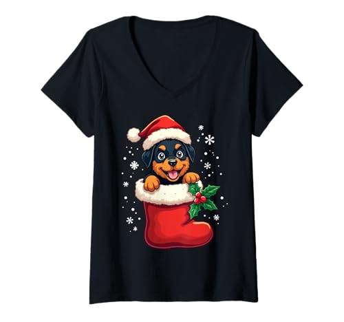 Damen Rottweiler Christmas Stocking Puppy Dog Lover Holiday T-Shirt mit V-Ausschnitt Damen Rottweiler Christmas Stocking Puppy Dog Lover Holiday T-Shirt mit V-Ausschnitt von Christmas Rottweiler Puppy Funny Apparel