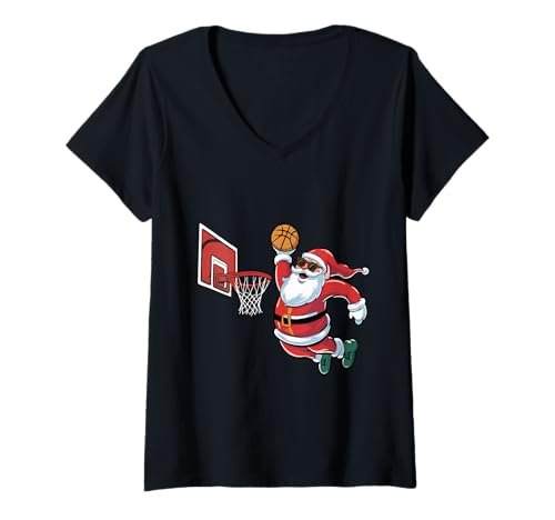 Damen Basketballkorb für Herren, Jungen, Kinder T-Shirt mit V-Ausschnitt Damen Basketballkorb für Herren, Jungen, Kinder T-Shirt mit V-Ausschnitt von Christmas Santa Claus Dunking basketball Boys Kids