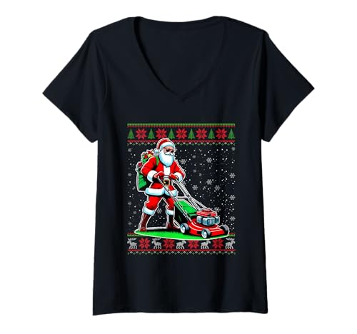 Damen Santa Claus Mowing Lawn Ugly Weihnachtspullover T-Shirt mit V-Ausschnitt Damen Santa Claus Mowing Lawn Ugly Weihnachtspullover T-Shirt mit V-Ausschnitt von Christmas Santa Claus Mowing Lawn Ugly Christmas