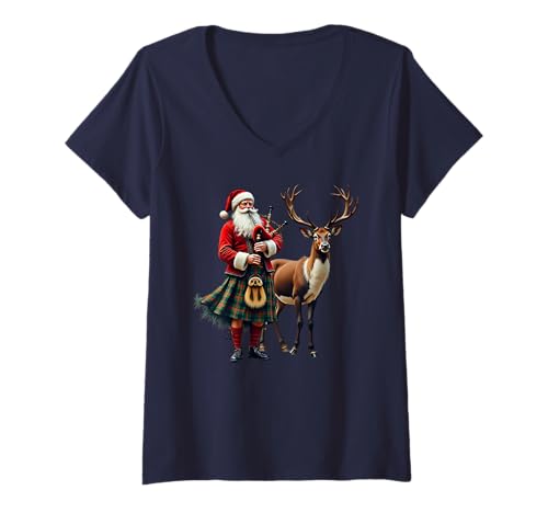 Damen T-Shirt mit schottischem Weihnachtsmann und Dudelsack mit Rentier T-Shirt mit V-Ausschnitt Damen T-Shirt mit schottischem Weihnachtsmann und Dudelsack mit Rentier T-Shirt mit V-Ausschnitt von Christmas Santa Claus with Scottish Bagpipe Twist