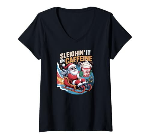 Damen Sleighin It on Coffein Funny Santa Christmas Coffee T-Shirt mit V-Ausschnitt von Christmas Santa Coffee Apparel Gifts by Anastasia