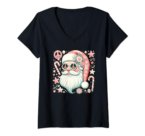 Christmas Santa Retro Vintage - DressedForDuty Damen Retro Vintage 60er 70er Jahre Weihnachtsmann Weihnachten Hippie Xmas Smile T-Shirt mit V-Ausschnitt Schwarz S von Christmas Santa Retro Vintage - DressedForDuty