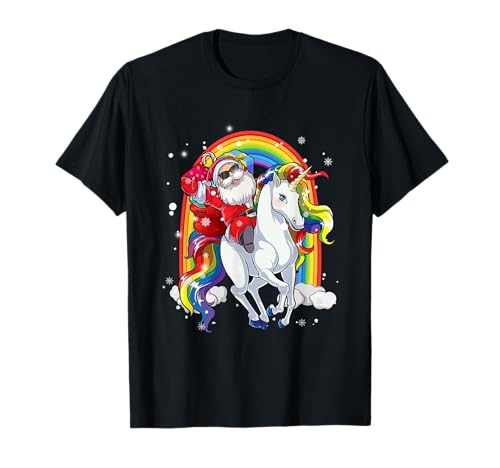 Niedliches Weihnachtsmann reitet Einhorn Xmas Mädchen Frauen Regenbogen T-Shirt von Christmas Santa Riding Unicorn Family Xmas Gifts