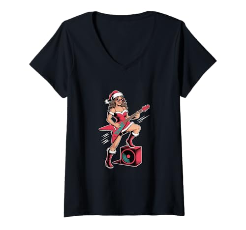 Damen Weihnachtsrockgitarre Weihnachtsmädchen, Gitarrist, Weihnachtsmusik T-Shirt mit V-Ausschnitt Damen Weihnachtsrockgitarre Weihnachtsmädchen, Gitarrist, Weihnachtsmusik T-Shirt mit V-Ausschnitt von Christmas Shirt Rock Guitar Santa Girl Funny Gift