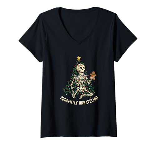 Damen Lustige Skelett-Weihnachtsbeleuchtung T-Shirt mit V-Ausschnitt Damen Lustige Skelett-Weihnachtsbeleuchtung T-Shirt mit V-Ausschnitt von Christmas Skeletons