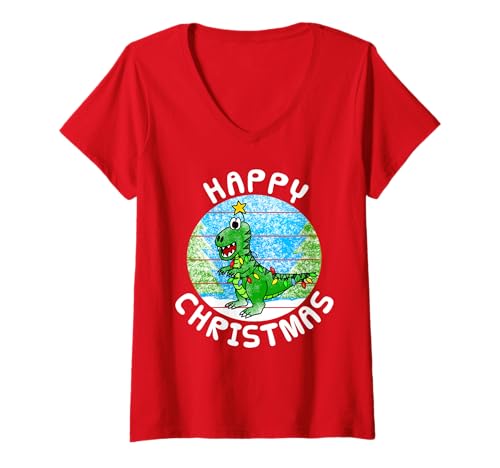 Damen T-Rex Weihnachten Dinosaurier Xmas Lustig T-Shirt mit V-Ausschnitt Damen T-Rex Weihnachten Dinosaurier Xmas Lustig T-Shirt mit V-Ausschnitt von Christmas T-Rex Dinosaur Kids By DoodleRob