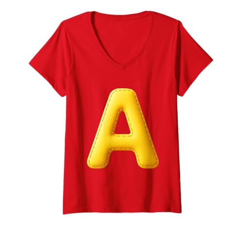 Damen Großer gelber Buchstabe A Weihnachten rot T-Shirt mit V-Ausschnitt Damen Großer gelber Buchstabe A Weihnachten rot T-Shirt mit V-Ausschnitt von Christmas Thanksgiving Holiday Halloween Fun