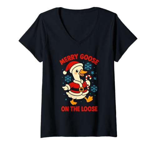 Damen Fröhliche Gans Auf der Loose Lustiges Meme an den Weihnachtsfeiertagen T-Shirt mit V-Ausschnitt von Christmas Time Gift Store