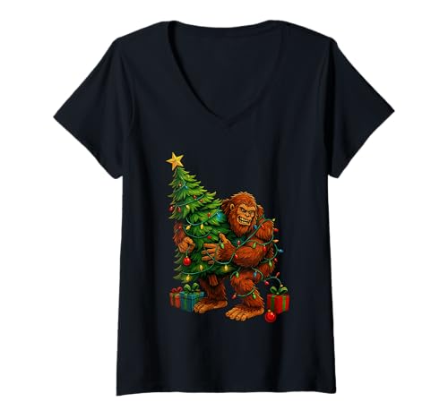 Damen Lustiger Bigfoot Stealing Xmas Tree Sasquatch T-Shirt mit V-Ausschnitt Damen Lustiger Bigfoot Stealing Xmas Tree Sasquatch T-Shirt mit V-Ausschnitt von Christmas Tree Bigfoot Sci-Fi Festive Design