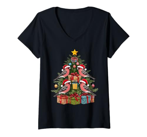 Damen Weihnachtsbaum Vogel Kiefer Grosbeak T-Shirt mit V-Ausschnitt Damen Weihnachtsbaum Vogel Kiefer Grosbeak T-Shirt mit V-Ausschnitt von Christmas Tree Birds