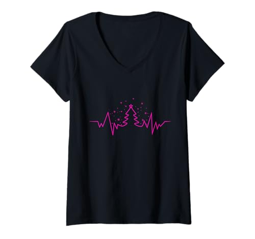 Christmas Tree Heartbeat Funny Shop Damen Unisex Weihnachtsbaum Herzschlag T-Shirt mit V-Ausschnitt Schwarz S EU 15.5-17.5 cm Kurzarm Klassisch mit V-Ausschnitt Winter von Christmas Tree Heartbeat Funny Shop