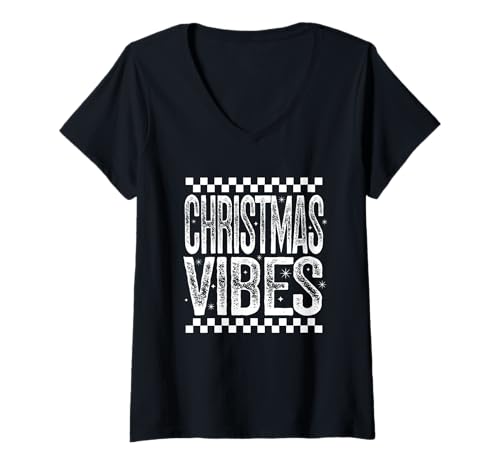Damen Merry Christmas Vibes Retro Checkered Holiday Zitat Spruch T-Shirt mit V-Ausschnitt von Christmas Vibes T-Shirt Co.