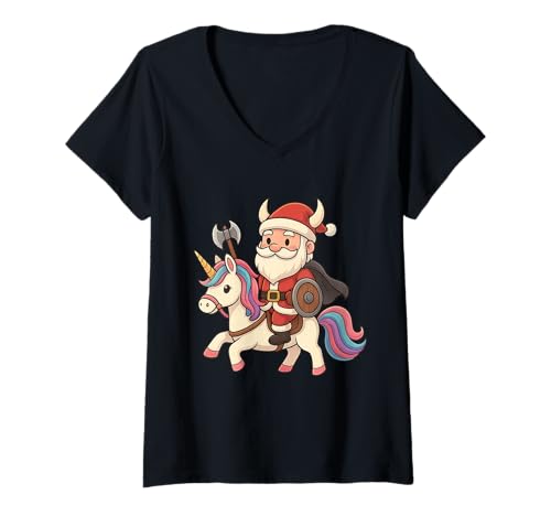 Damen Wikinger Weihnachtsmann reitet EIN Einhorn Jungen Mädchen Männer Frauen Kinder T-Shirt mit V-Ausschnitt von Christmas Viking Santa Riding A Unicorn Rainbow