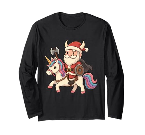 Wikinger Weihnachtsmann reitet EIN Einhorn Jungen Mädchen Männer Frauen Kinder Langarmshirt von Christmas Viking Santa Riding A Unicorn Rainbow