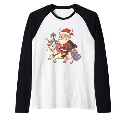 Wikinger Weihnachtsmann reitet EIN Einhorn Jungen Mädchen Männer Frauen Kinder Raglan von Christmas Viking Santa Riding A Unicorn Rainbow