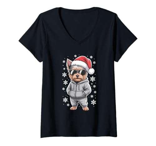 Damen Weihnachts-Yorkshire-Terrier-Weihnachtsmann T-Shirt mit V-Ausschnitt Damen Weihnachts-Yorkshire-Terrier-Weihnachtsmann T-Shirt mit V-Ausschnitt von Christmas Yorkshire Terrier Santa Pajamas