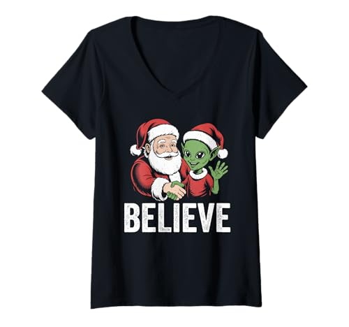 Damen Santa Alien Believe Weihnachts-UFO T-Shirt mit V-Ausschnitt Damen Santa Alien Believe Weihnachts-UFO T-Shirt mit V-Ausschnitt von Christmas alien Santa