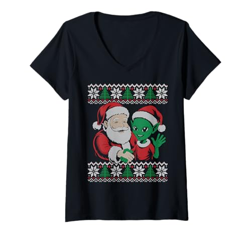 Damen Hässlicher Santa Alien-Pullover, Weihnachtsmann schüttelt Alien-Hand T-Shirt mit V-Ausschnitt Damen Hässlicher Santa Alien-Pullover, Weihnachtsmann schüttelt Alien-Hand T-Shirt mit V-Ausschnitt von Christmas alien sweater