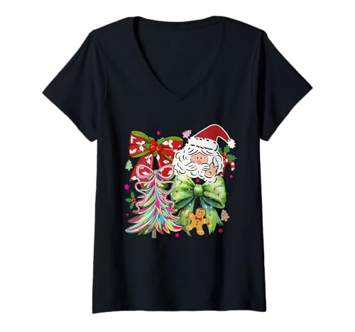 Damen Frohe Weihnachten Weihnachtsmann Baumschleife ANG Geschenke T-Shirt mit V-Ausschnitt von Christmas apparel