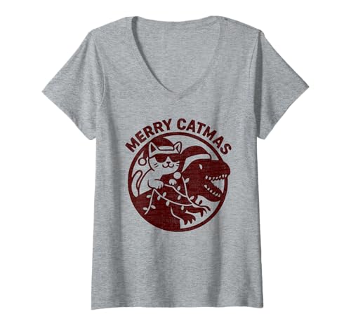 Damen Frohe Katmas, Katze reitet einen Dinosaurier T-Shirt mit V-Ausschnitt Damen Frohe Katmas, Katze reitet einen Dinosaurier T-Shirt mit V-Ausschnitt von Christmas cat pun
