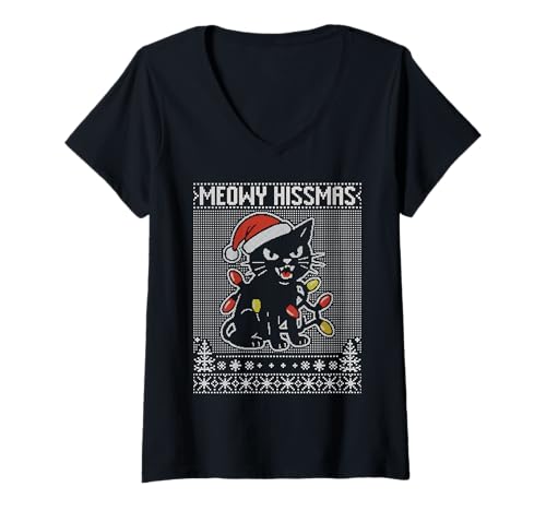 Damen Meowy Hissmas, zischende Katze, Weihnachtskatze hässlicher Pullover T-Shirt mit V-Ausschnitt Damen Meowy Hissmas, zischende Katze, Weihnachtskatze hässlicher Pullover T-Shirt mit V-Ausschnitt von Christmas cat pun