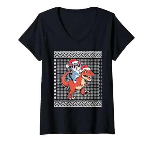 Damen Katze reitet einen hässlichen Weihnachtspullover T-Shirt mit V-Ausschnitt Damen Katze reitet einen hässlichen Weihnachtspullover T-Shirt mit V-Ausschnitt von Christmas cat themed ugly sweater