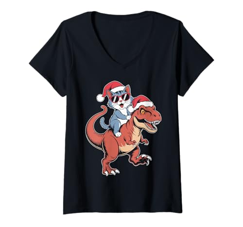 Damen Coole Katze reitet Dinosaurier Weihnachten T-Shirt mit V-Ausschnitt von Christmas cat themed