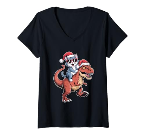 Damen Freche Katze reitet T-Rex Dinosaurier Weihnachten T-Shirt mit V-Ausschnitt Damen Freche Katze reitet T-Rex Dinosaurier Weihnachten T-Shirt mit V-Ausschnitt von Christmas cat themed