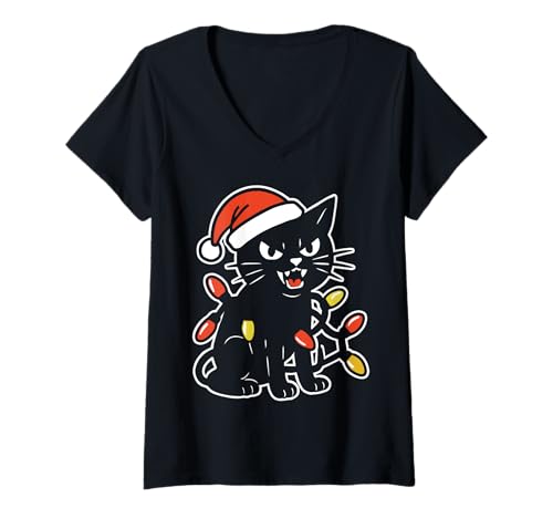 Damen Zischende Katze Weihnachtsbeleuchtung T-Shirt mit V-Ausschnitt Damen Zischende Katze Weihnachtsbeleuchtung T-Shirt mit V-Ausschnitt von Christmas cat