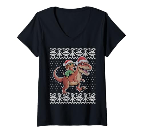 Damen Dackel Reiten T Rex Dinosaurier hässlicher Weihnachtspullover T-Shirt mit V-Ausschnitt Damen Dackel Reiten T Rex Dinosaurier hässlicher Weihnachtspullover T-Shirt mit V-Ausschnitt von Christmas dachshund ugly sweater