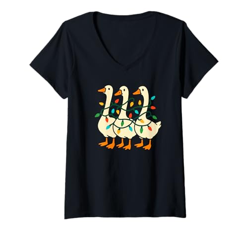 Damen Niedliche Weihnachtsbaumlichter mit Gänsemotiv T-Shirt mit V-Ausschnitt von Christmas goose apparel