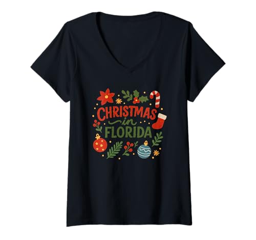Damen Weihnachten in Florida Urlaub Reise Tourist Souvenir T-Shirt mit V-Ausschnitt Damen Weihnachten in Florida Urlaub Reise Tourist Souvenir T-Shirt mit V-Ausschnitt von Christmas in Florida Matching Family