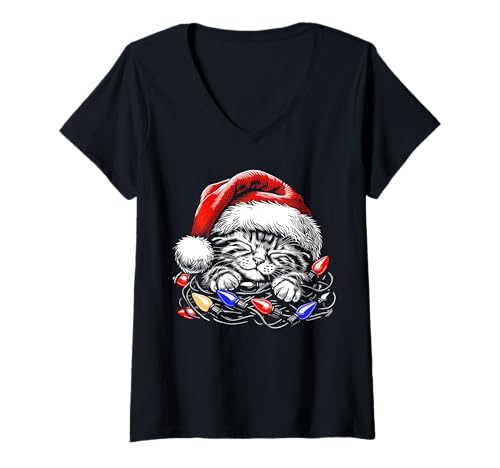 Damen Schlafende Katze Weihnachtsbaum Lichter, süßes Kätzchen Gesicht Weihnachtsmann T-Shirt mit V-Ausschnitt Damen Schlafende Katze Weihnachtsbaum Lichter, süßes Kätzchen Gesicht Weihnachtsmann T-Shirt mit V-Ausschnitt von Christmas kitten ugly sweater