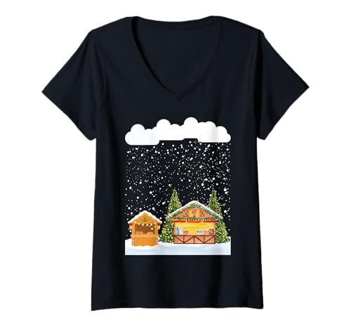 Damen Festlicher Weihnachtsmarktliebhaber Schneefall Schneeflocken Snowy T-Shirt mit V-Ausschnitt Damen Festlicher Weihnachtsmarktliebhaber Schneefall Schneeflocken Snowy T-Shirt mit V-Ausschnitt von Christmas market and snow lover apparel