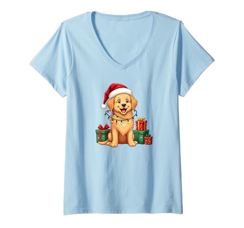 Damen Golden Retriever Hund, Weihnachten, Weihnachtsmannmütze T-Shirt mit V-Ausschnitt Damen Golden Retriever Hund, Weihnachten, Weihnachtsmannmütze T-Shirt mit V-Ausschnitt von Christmas themed Cartoon Golden Retriever Dogs