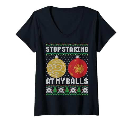 Damen Hör auf, auf meine Eier zu starren, hässlicher Weihnachtspullover T-Shirt mit V-Ausschnitt Damen Hör auf, auf meine Eier zu starren, hässlicher Weihnachtspullover T-Shirt mit V-Ausschnitt von Christmas tree toys apparel