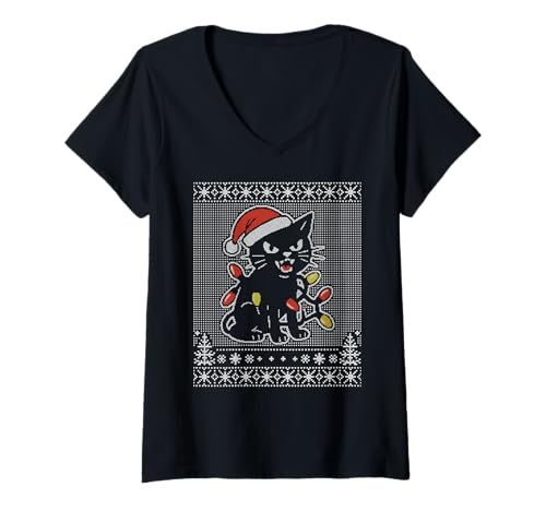 Damen Schwarze Katze hässlicher Weihnachtspullover wütende zischende Katze T-Shirt mit V-Ausschnitt Damen Schwarze Katze hässlicher Weihnachtspullover wütende zischende Katze T-Shirt mit V-Ausschnitt von Christmas ugly sweater cat
