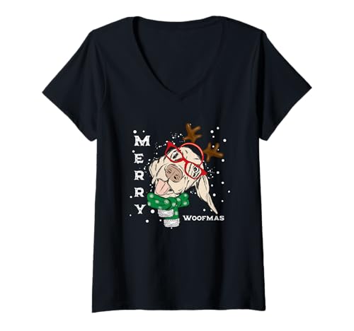 Damen Weihnachten Merry Woofmas T-Shirt mit V-Ausschnitt von Christmas