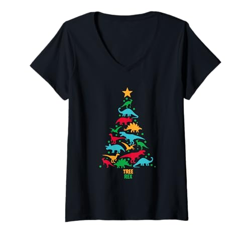 Damen Weihnachten Tree Rex T-Shirt mit V-Ausschnitt von Christmas