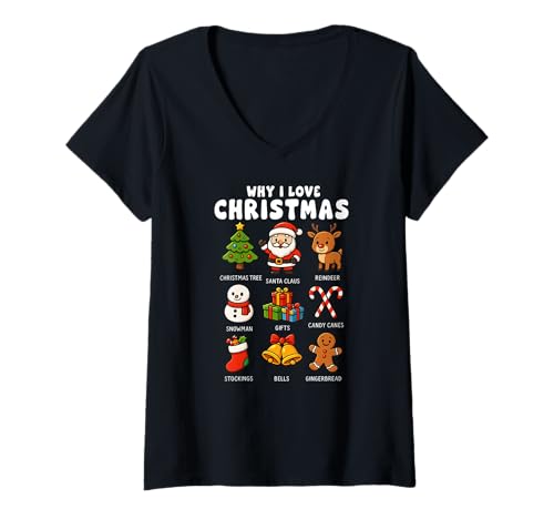 Damen Why I Love Christmas Santa Rentier Schneemann Jungen Mädchen Kinder T-Shirt mit V-Ausschnitt von ChristmasAxis1