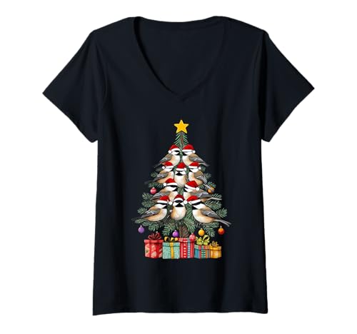 Damen Chickadee Bird Weihnachtsbaum T-Shirt mit V-Ausschnitt Damen Chickadee Bird Weihnachtsbaum T-Shirt mit V-Ausschnitt von ChristmasBirds